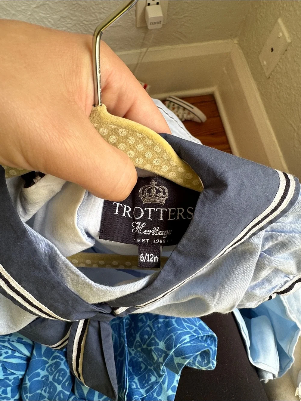 Trotters Light Blue Sailor Dress with Navy Trim